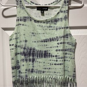 Cute western green & navy tie die tank top with fringe tie dye type pattern XS